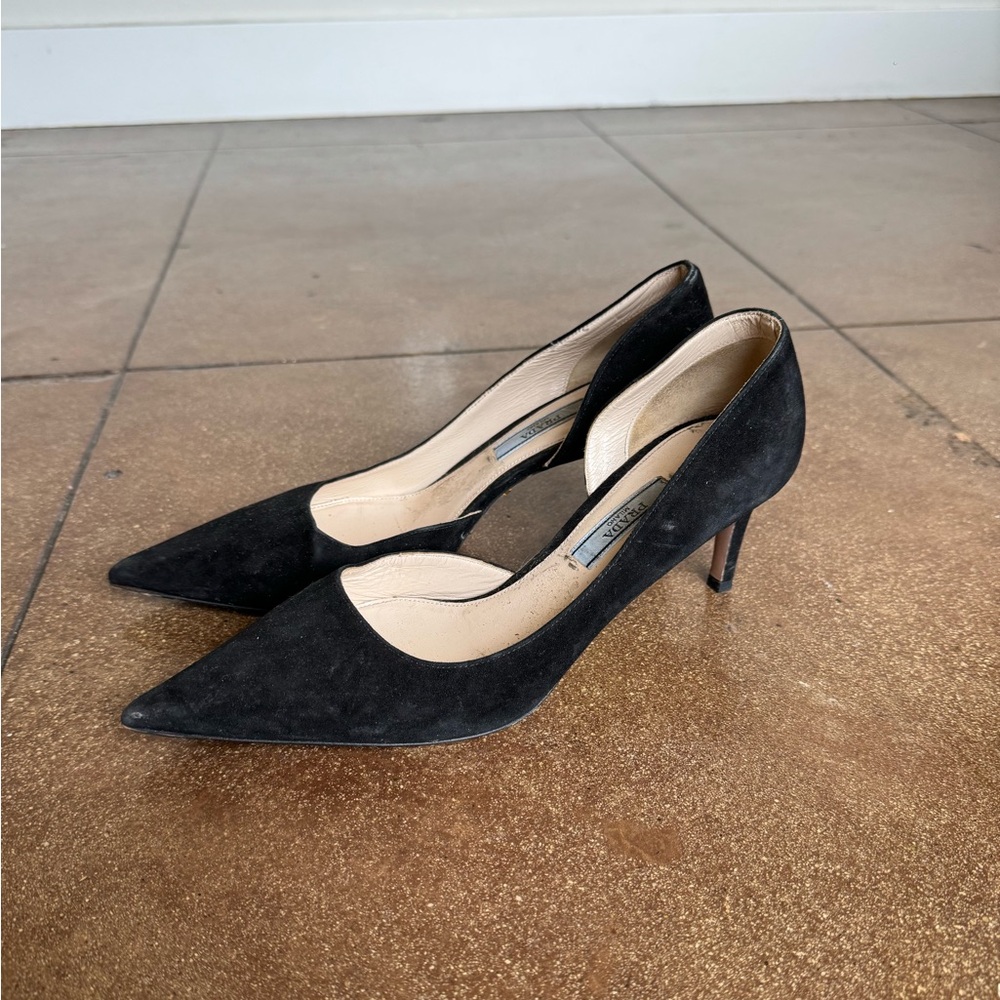 Black Suede Prada Kitten Toe Heels